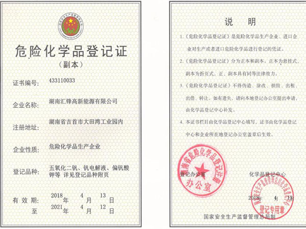Certificate of registration of dangerous chemicals